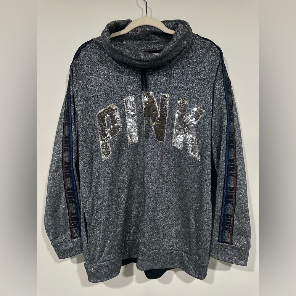 Victoria's Secret Pink Bling Campus Cowl Neck Sweatshirt Sequins Medium Rainbow